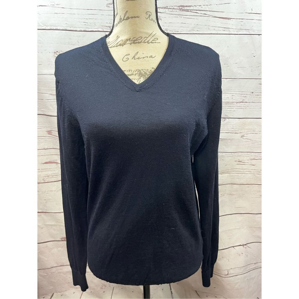 Suitsupply Black 100%‎ Merino Wool V-Neck Sweater Womens Large Fine Knit Classic